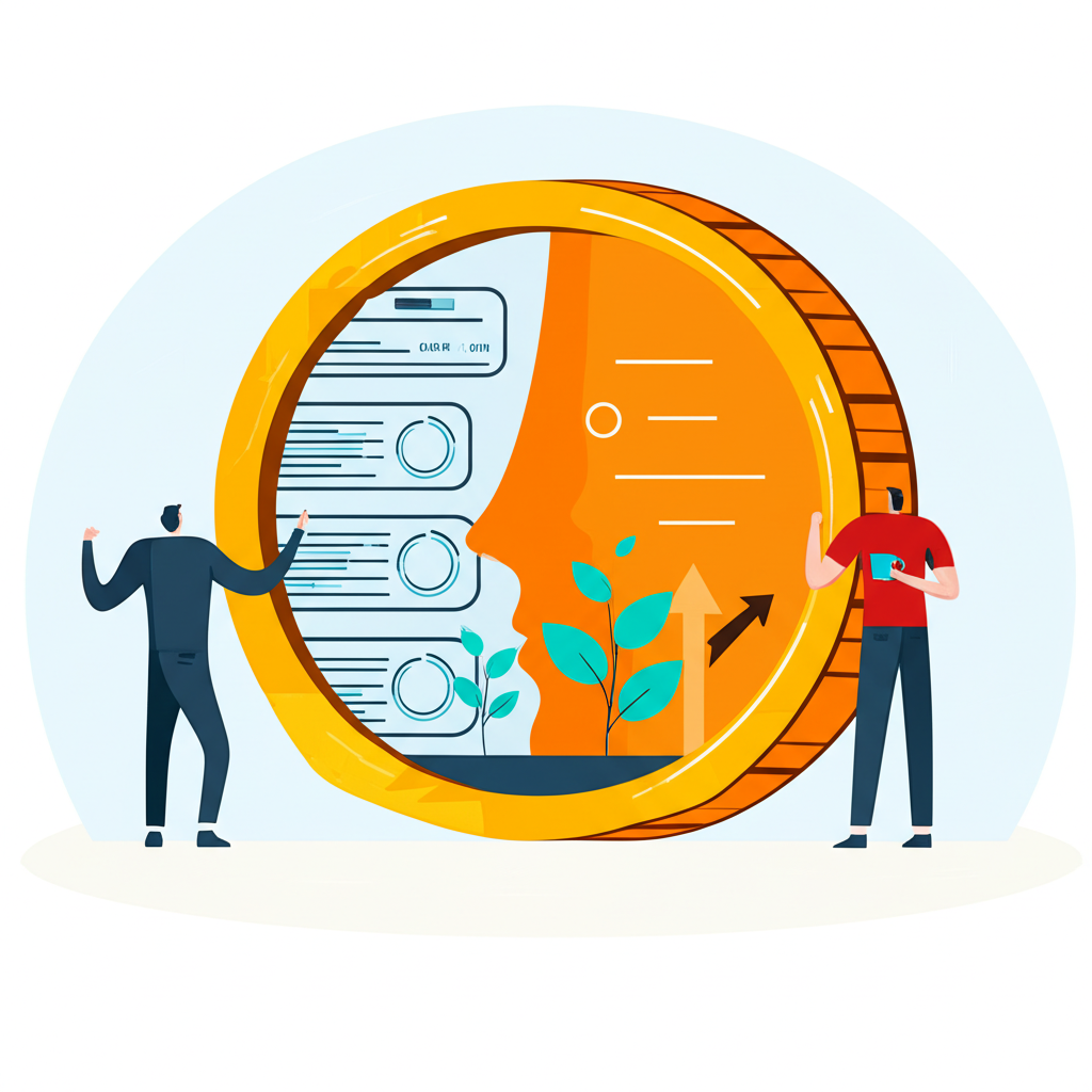 投資活動雙重面紗的插圖,顯示財務報表與成長潛力的兩面