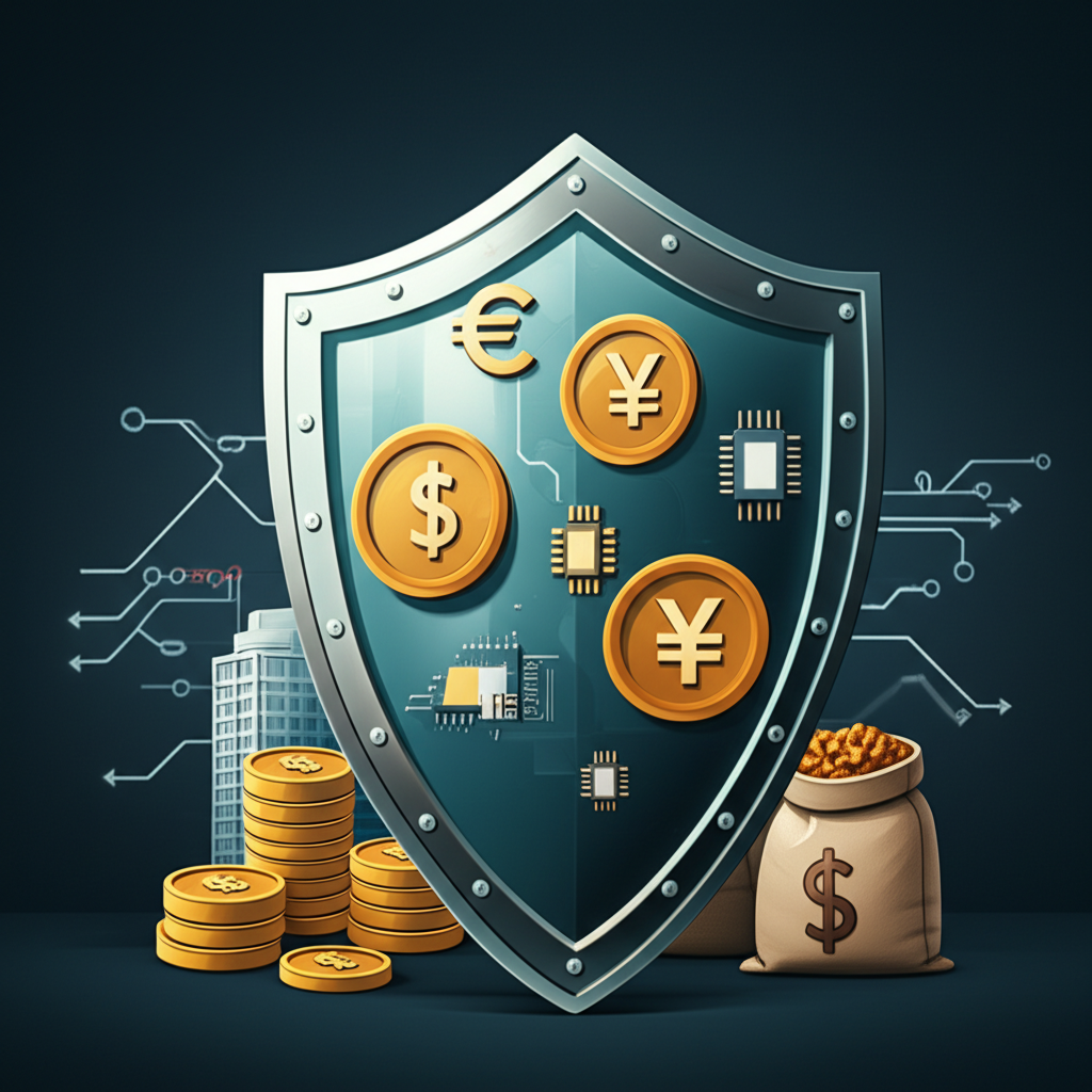 ภาพประกอบโล่ทางการเงินที่แข็งแกร่งปกป้องสินทรัพย์หลากหลายจากความผันผวนของตลาดและอัตราแลกเปลี่ยน
