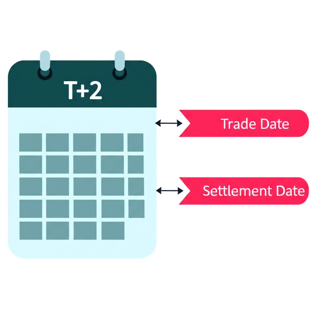 T+2 交割制度日曆圖,顯示交易日至交割日的兩個營業日流程