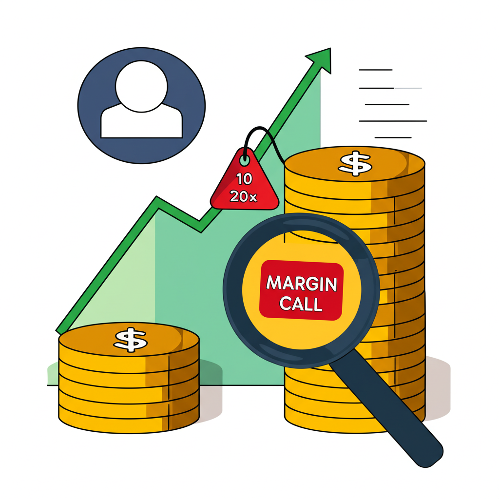 槓桿倍率與保證金交易的儀表板插圖，強調10倍放大效果及邊際警示