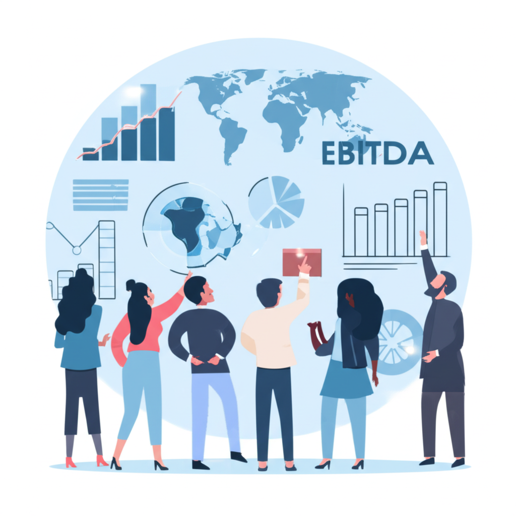 ภาพประกอบโลกการเงินพร้อมกราฟแผนภูมิและบุคลากรธุรกิจกำลังหารือการวิเคราะห์ EBITDA