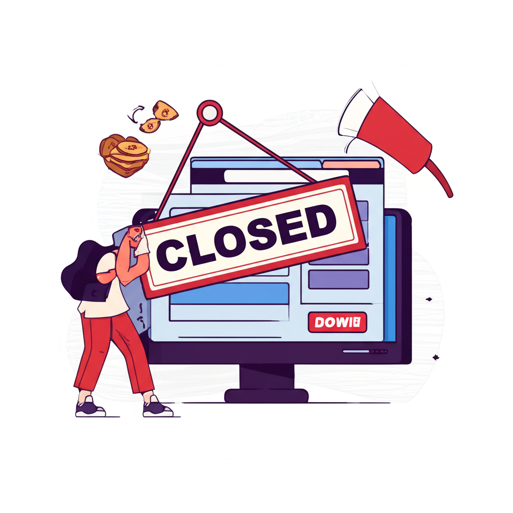 Illustration of a website shutting down with a 'closed' sign and a frustrated person trying to withdraw money
