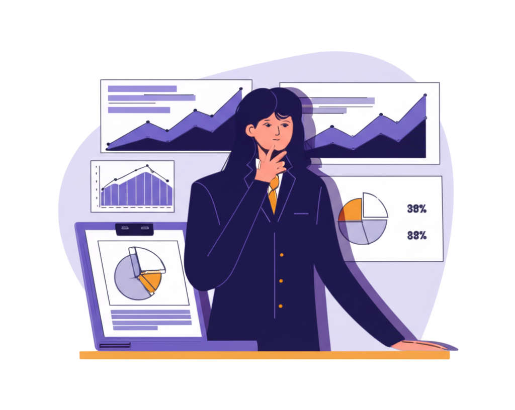 An illustration of a business person analyzing charts and graphs with financial ratios data