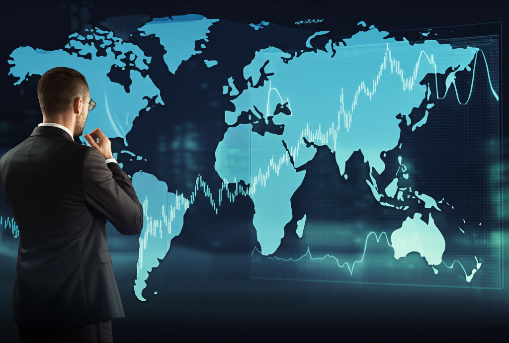 全球投資者注視顯示上證指數圖表的數位螢幕,背景為世界地圖象徵全球經濟連結與市場動態