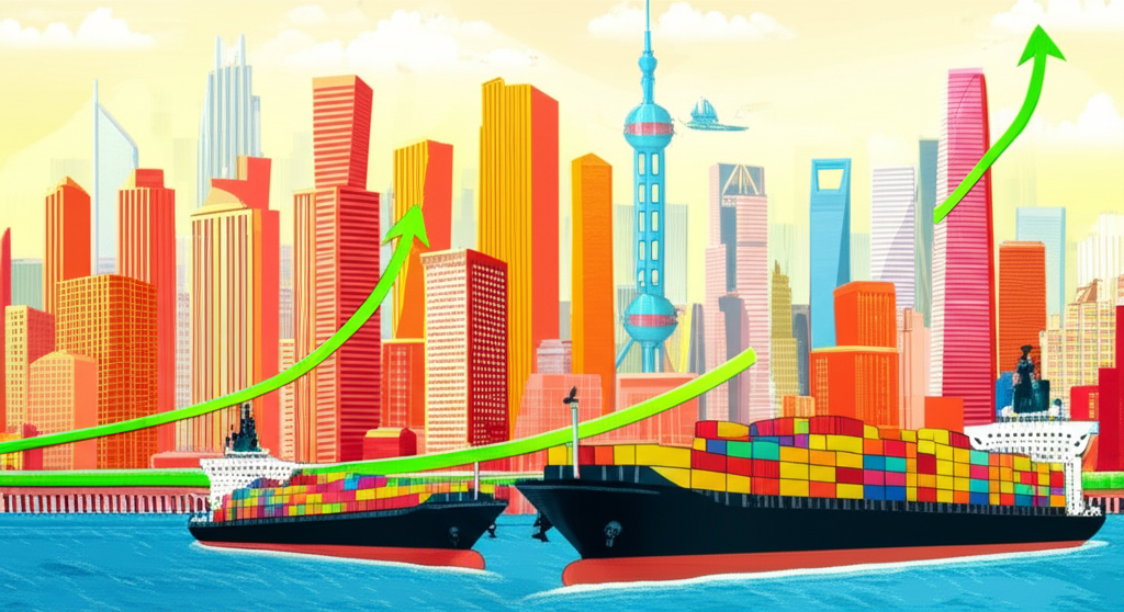 中國城市景觀與GDP增長、通膨穩定及貿易順差圖表的插圖,伴隨貨船象徵出口與外匯流入的向上趨勢