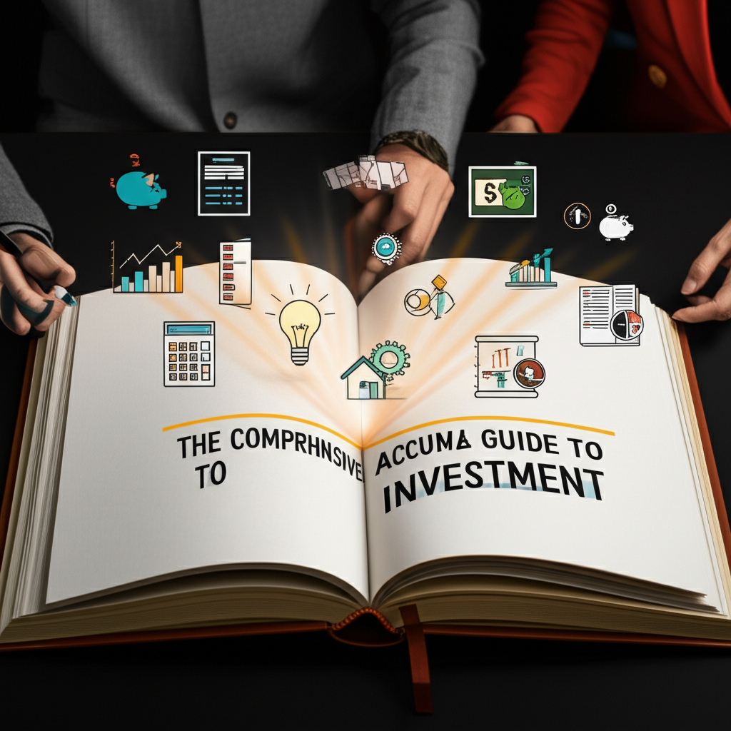 投資活動全面指南的插圖,周圍環繞會計報表、企業策略與個人理財符號