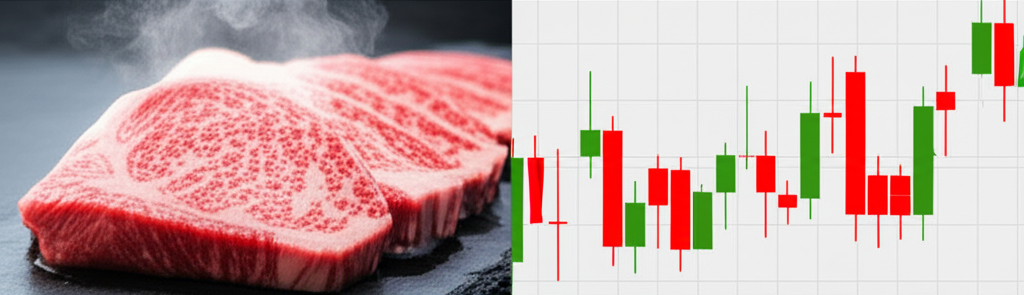 ภาพประกอบหน้าจอแยกสองส่วน แสดงเนื้อยากินิกุอร่อยด้านหนึ่งและกราฟแท่งเทียนทางการเงินอีกด้าน
