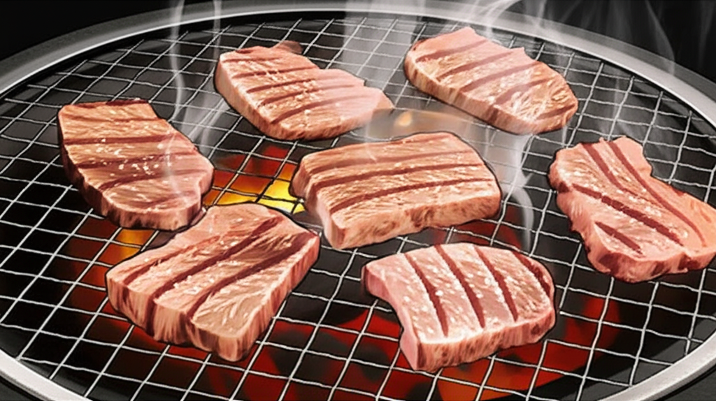 ภาพประกอบเตาย่างยากินิกุร้อนๆ กับเนื้อฮารามิย่างสุกกำลังดีและควันลอยขึ้น