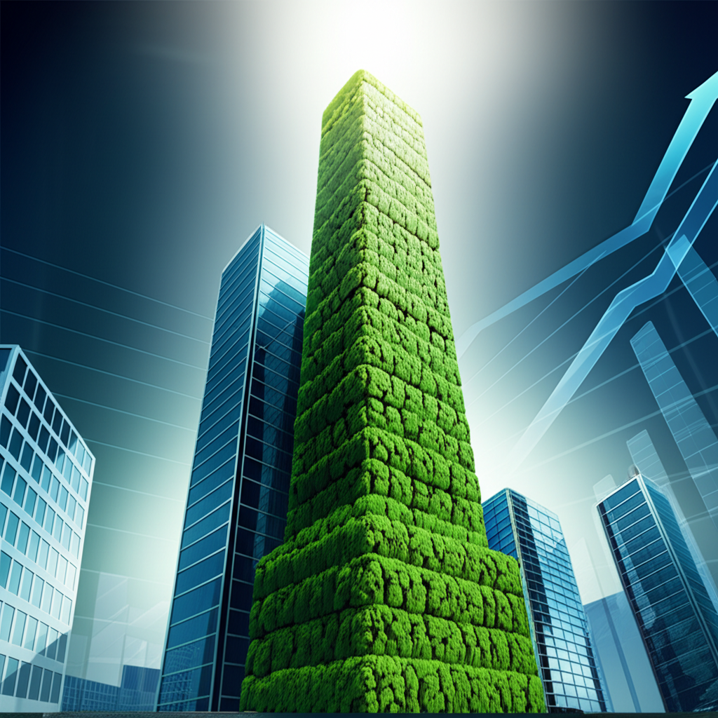 An illustration of a strong business building a tall structure representing sustainable growth and investor confidence