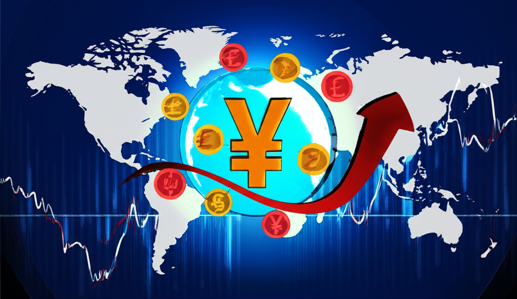 全球經濟景觀中人民幣匯率波動的插圖,環繞國際貨幣與市場波動圖表及地緣政治緊張元素