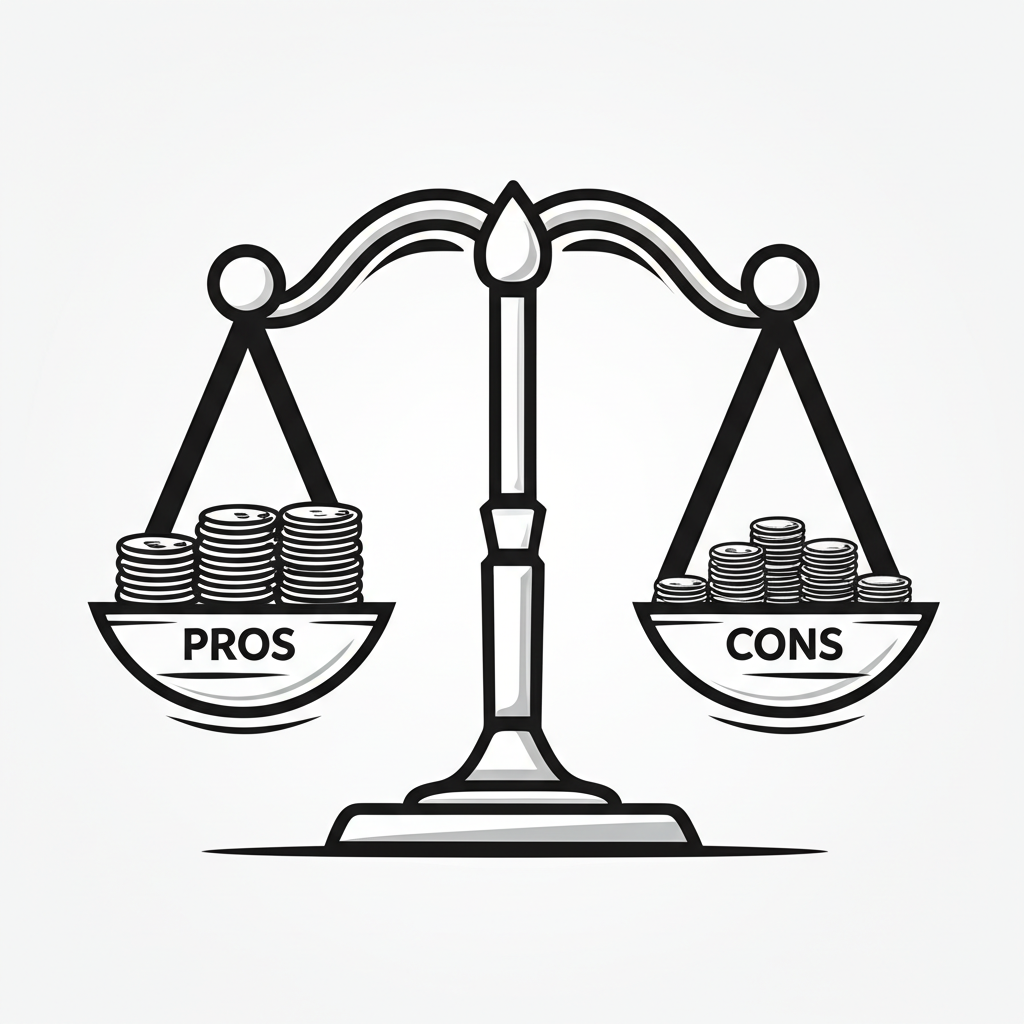 illustration of a balanced scale with pros on one side and cons on one side in finance