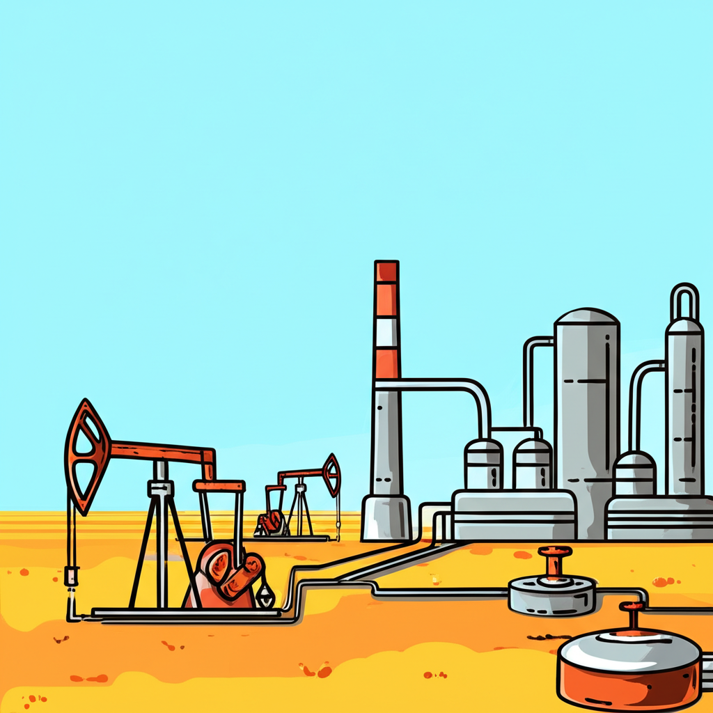 西德州輕原油油田與煉油廠示意圖