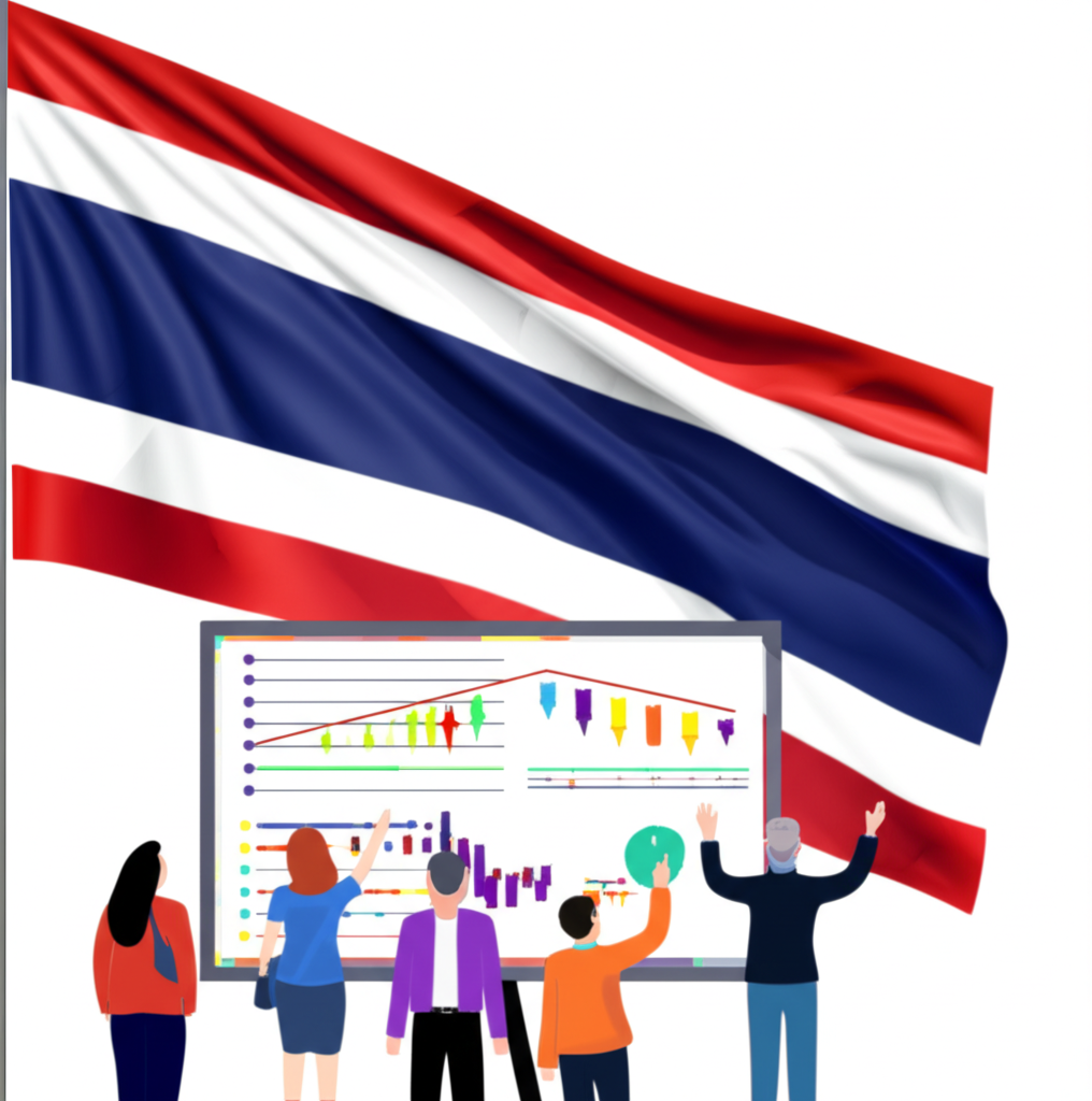 illustration of people collaborating on financial charts with a Thai flag in the background