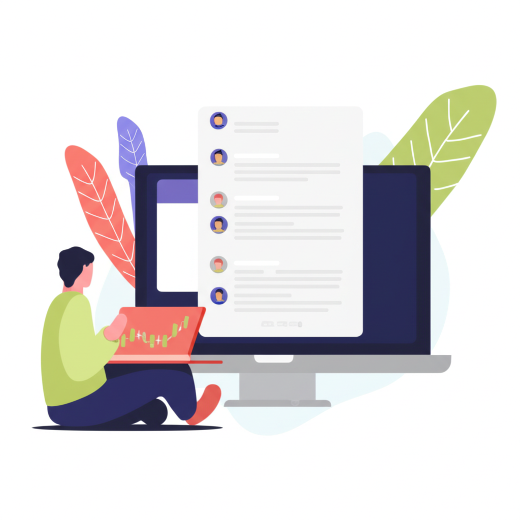 illustration of a user on a laptop choosing a trader from a list with investment charts