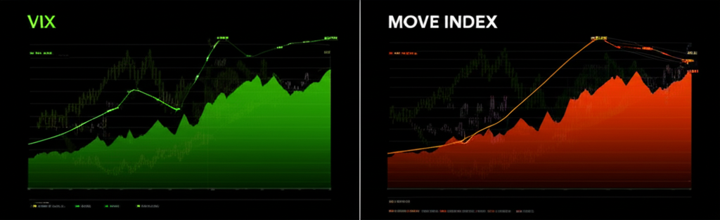 比較VIX與MOVE指數圖示，展示股市平穩與債市動盪的資產差異