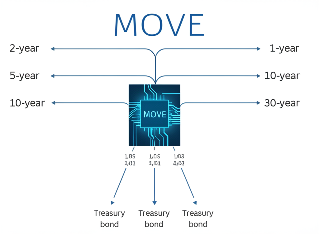 MOVE指數計算過程圖示，顯示不同期限美國公債期權匯入隱含波動率核心