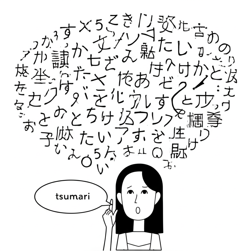 日語學習者透過 'つまり' 從困惑轉向清晰理解複雜概念的插圖