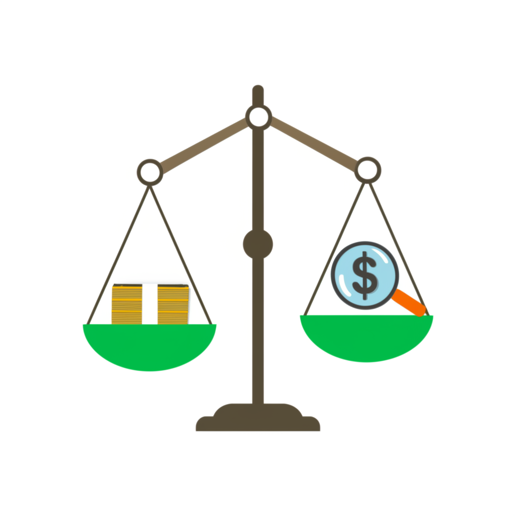 ตาชั่งสมดุลกับเงินข้างหนึ่งและแว่นขยายอีกข้างแทนเลเวอเรจในสไตล์ภาพประกอบ