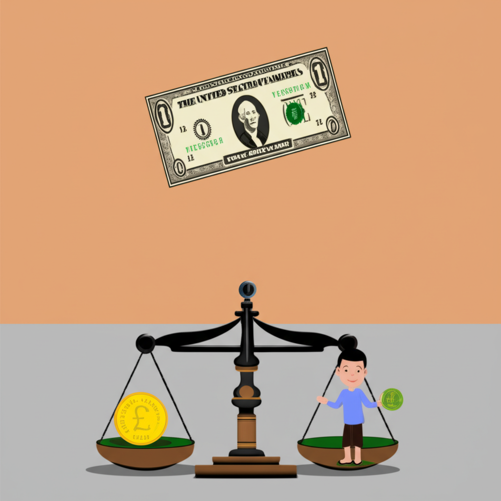 ภาพประกอบเหรียญปอนด์อังกฤษและธนบัตรดอลลาร์สหรัฐฯ บนตาชั่งกับเทรดเดอร์ไทยที่กำลังสังเกต