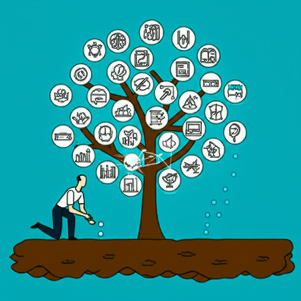 illustration of a person planting data seeds and growing a tree of business success and opportunities
