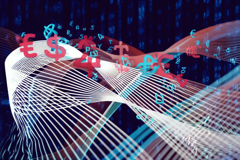 動態金融市場場景,展示交易量與資金流動的抽象元素,包括股票和貨幣的高活躍度