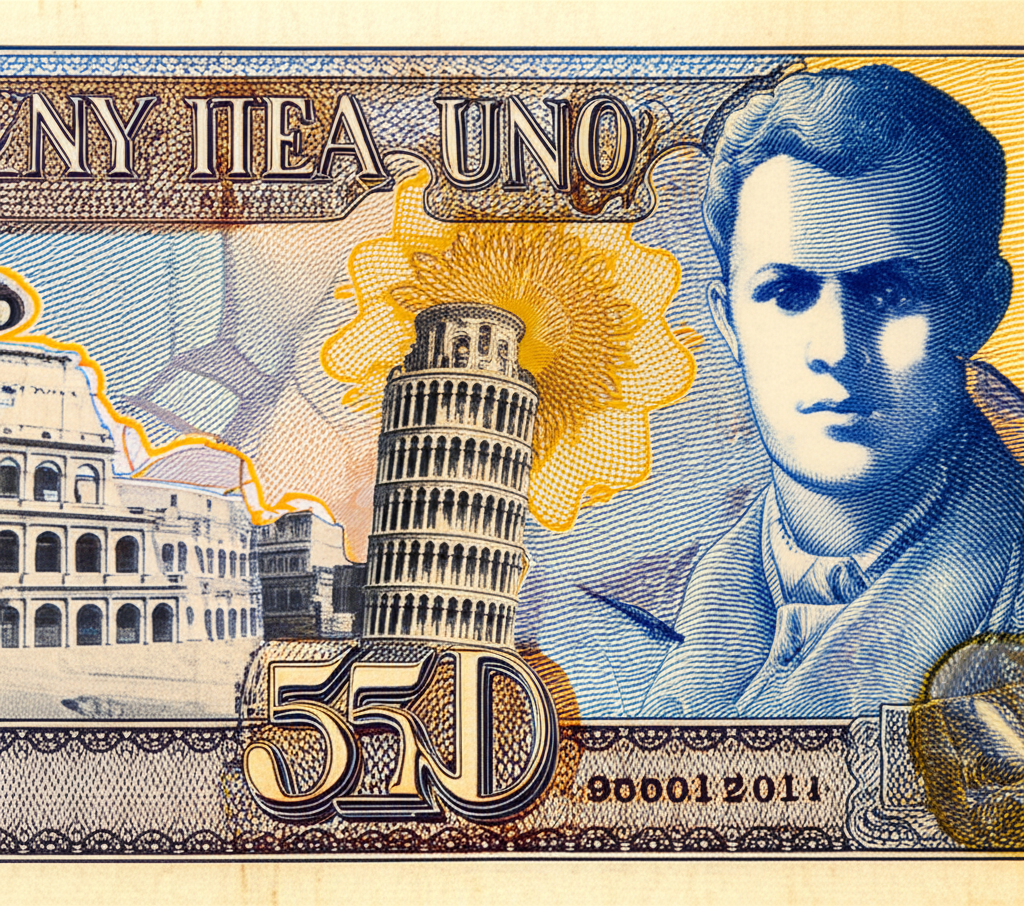 ภาพธนบัตรลีราเก่าพร้อมแลนด์มาร์คทางประวัติศาสตร์ของอิตาลีในพื้นหลัง