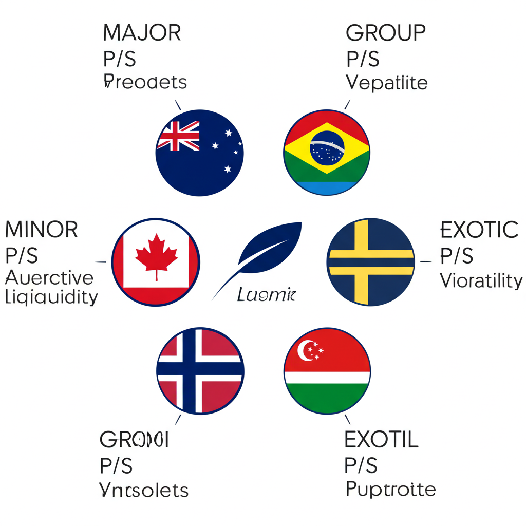 貨幣對類型插圖，顯示主要、次要及新興市場貨幣對的國旗與符號，強調流動性與波動差異