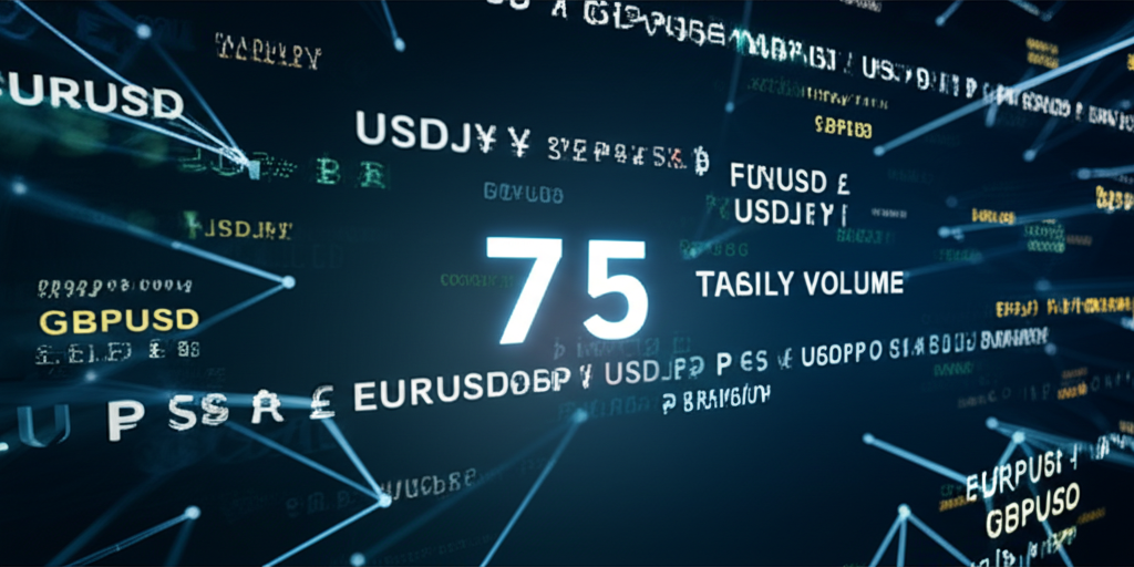 數字貨幣交易所市場插圖，展示歐元兌美元等貨幣對數據點及每日7.5萬億交易量