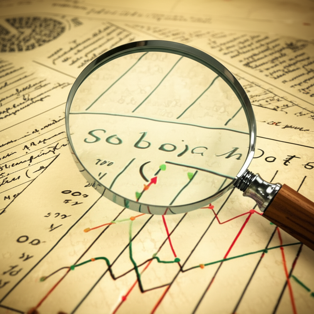 illustration of a magnifying glass examining historical data to find patterns and future directions