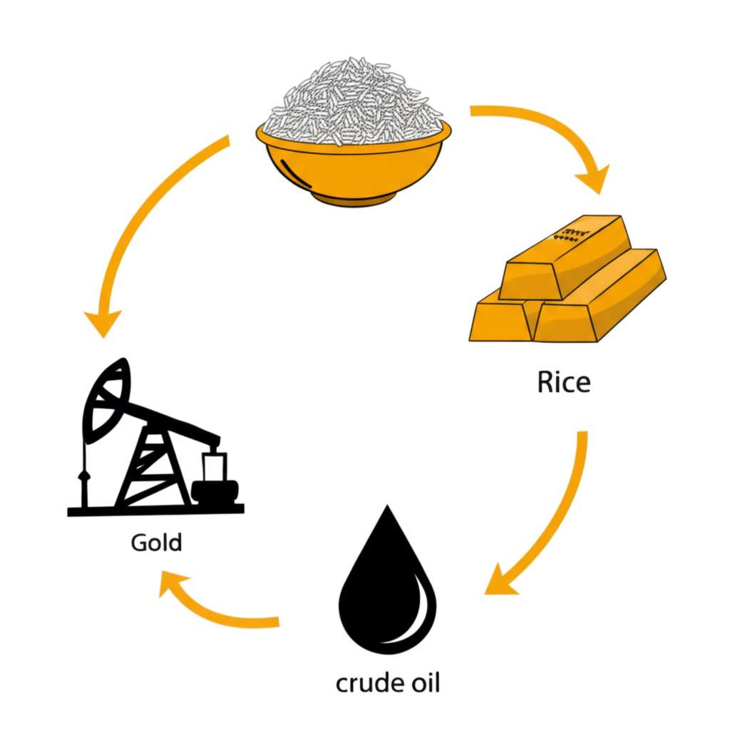 ภาพประกอบสินค้าพื้นฐานมาตรฐาน เช่น น้ำมัน ข้าว ทองคำ ยางพารา ที่เป็นตัวแทนของโภคภัณฑ์ในเศรษฐกิจโลก