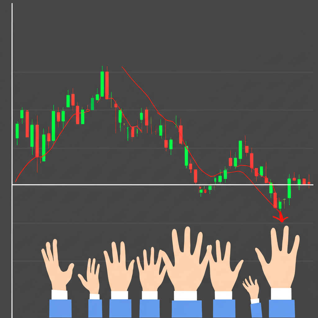 ภาพประกอบกราฟราคาหุ้นที่ชนแนวรับแข็งแกร่ง โดยมีมือยื่นมาซื้อ แสดงถึงความต้องการที่เข้มข้นและการกลับตัวของราคา