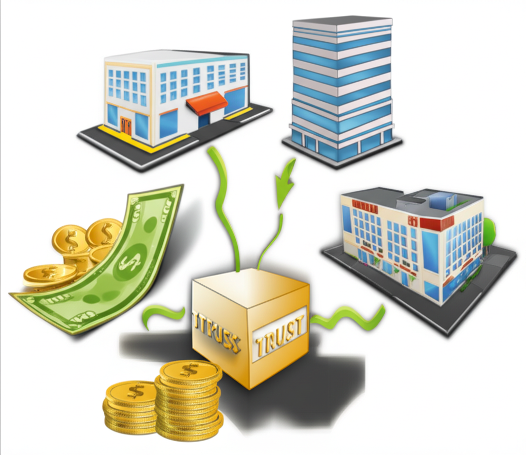 ภาพประกอบแสดงกระแสเงินจากนักลงทุนรายย่อยไหลเข้าสู่กองทรัสต์ที่เป็นเจ้าของอสังหาริมทรัพย์สร้างรายได้ เช่น สำนักงานและห้างสรรพสินค้า