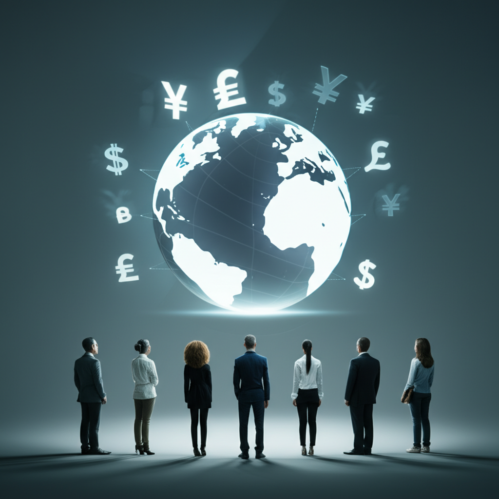 全球外匯交易指南插圖，顯示多元族群注視貨幣符號環繞的發光地球