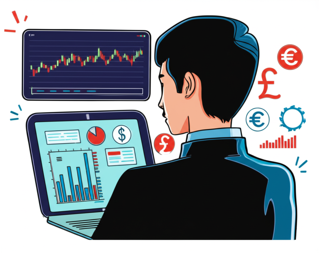 台灣或香港投資者觀看日圓K線圖與全球經濟符號