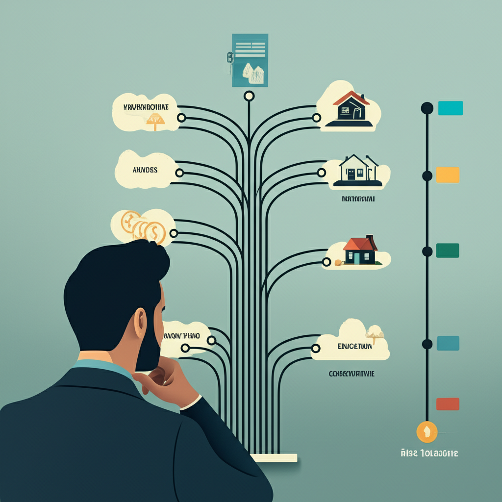 投資者查看路線圖,展示不同投資目標路徑,並以天平表示從保守到積極的風險耐受度的插圖