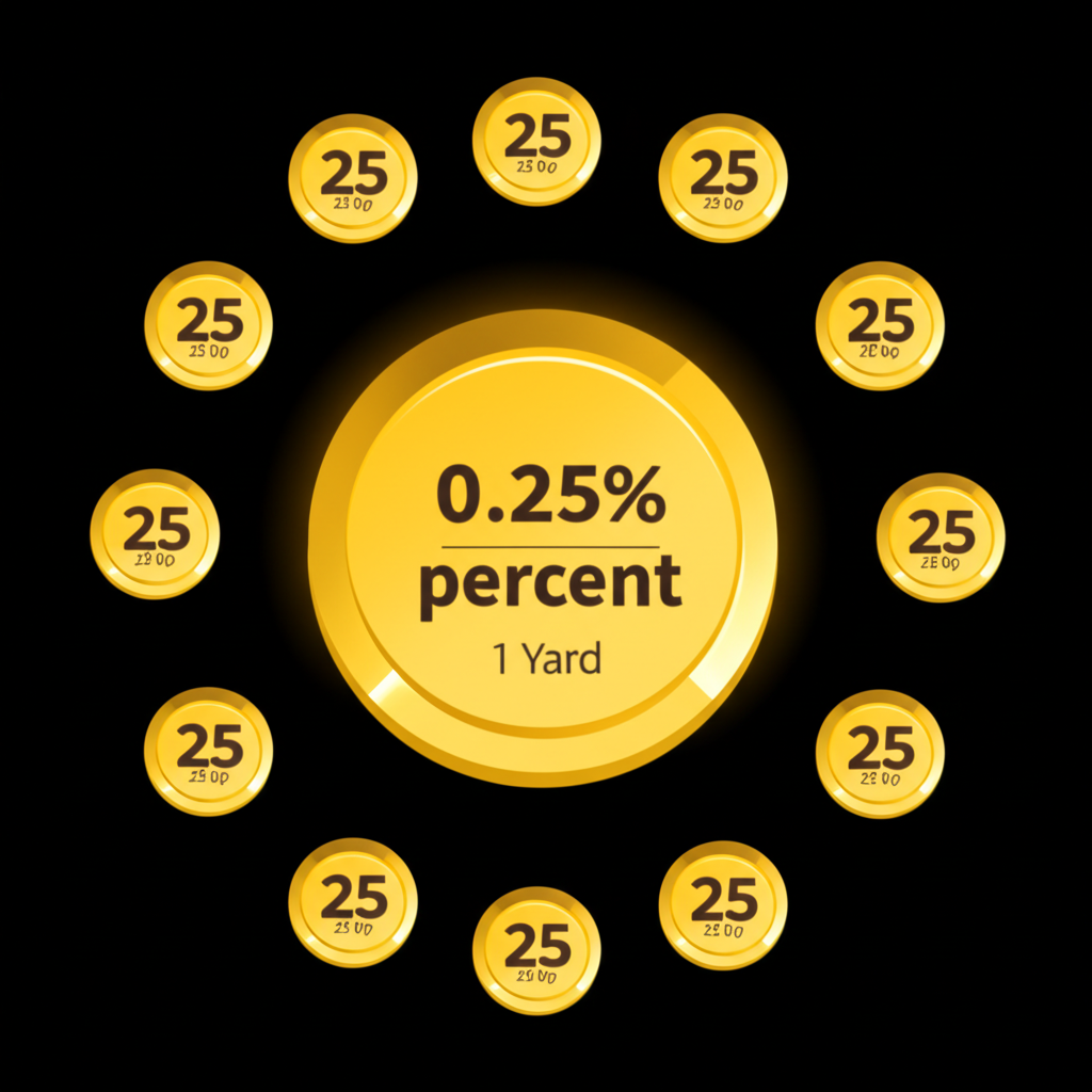 金融一碼定義插圖:標示0.25%的金幣或鑰匙,周圍環繞標示25基點的小幣,象徵利率調整的標準單位