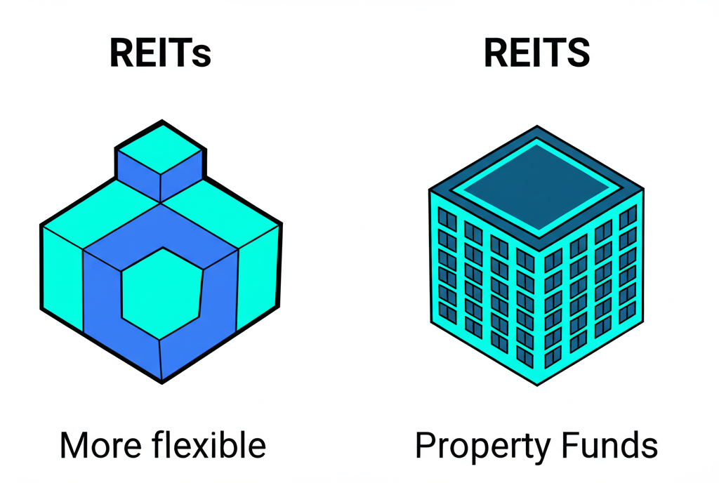 ภาพประกอบแสดงโครงสร้างการลงทุนสองแบบ โดยแบบหนึ่งคือ REITs ที่ยืดหยุ่นและทันสมัย อีกแบบคือ Property Funds