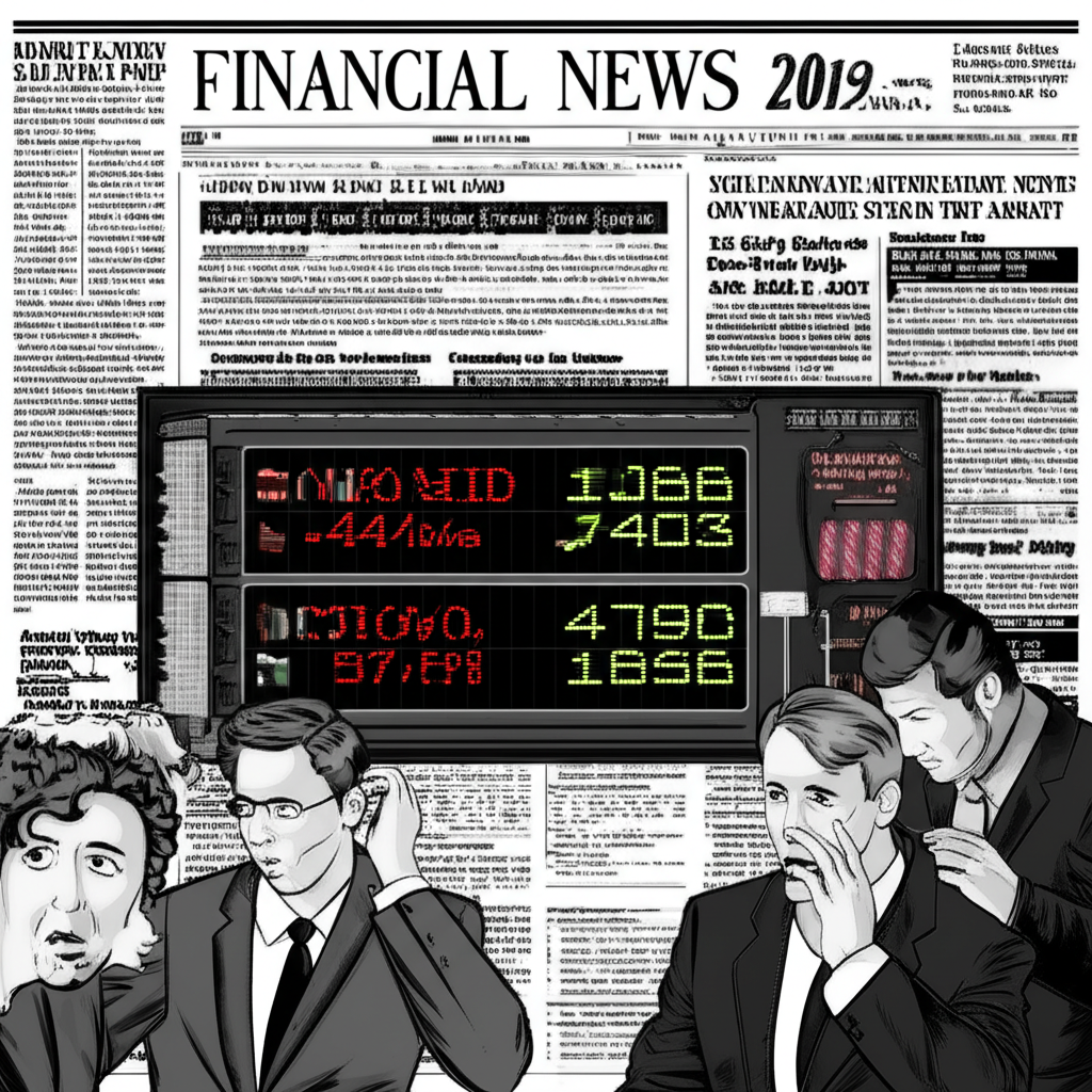 股市報價機顯示波動數值,周圍環繞金融新聞頭條與憂慮交易員