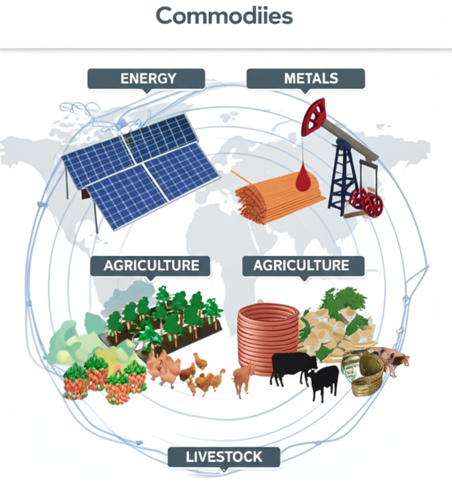 ภาพประกอบสี่ประเภทหลักของโภคภัณฑ์ ได้แก่ พลังงาน โลหะ เกษตร และปศุสัตว์ พร้อมผลกระทบต่อเศรษฐกิจโลก