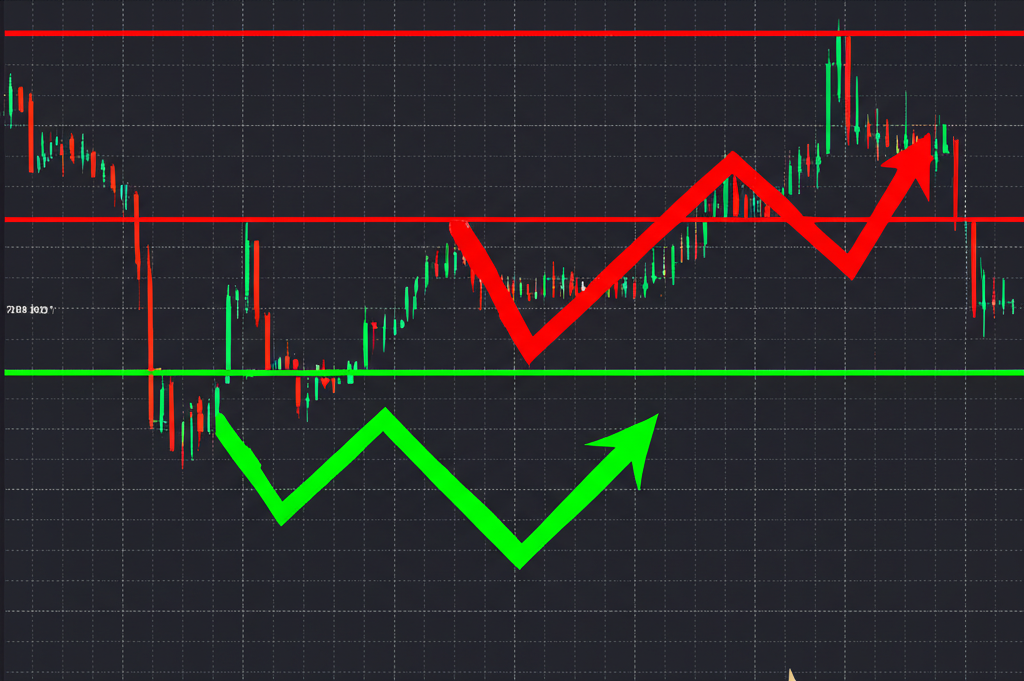 ภาพประกอบกราฟราคาที่มีลูกศรสีเขียวเด้งขึ้นจากแนวรับและลูกศรสีแดงเด้งลงจากแนวต้าน สื่อถึงจิตวิทยาตลาด