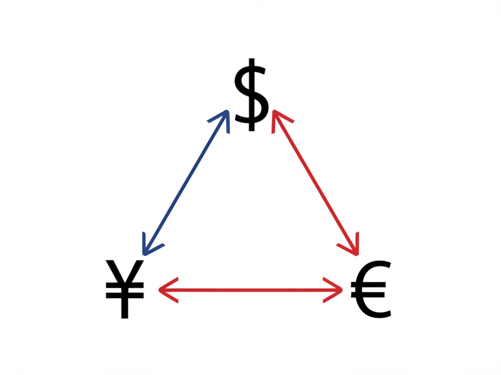 ภาพประกอบสัญลักษณ์สกุลเงินสามตัวเรียงเป็นสามเหลี่ยมพร้อมลูกศร แสดงแนวคิดอาร์บิทราจสามเหลี่ยม