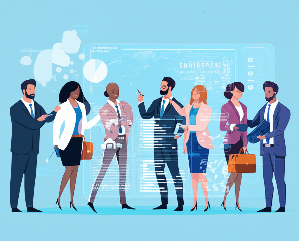 illustration of business people making smart decisions in a fast changing market with data insights