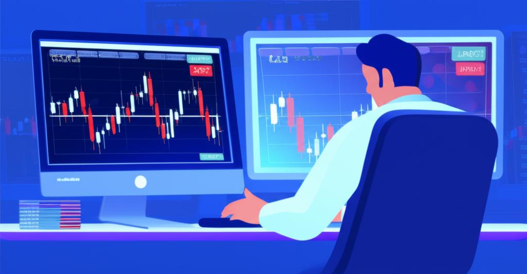 ภาพประกอบบุคคลกำลังวิเคราะห์กราฟแท่งเทียนและตัวชี้วัดทางเทคนิคบนหน้าจอคอมพิวเตอร์