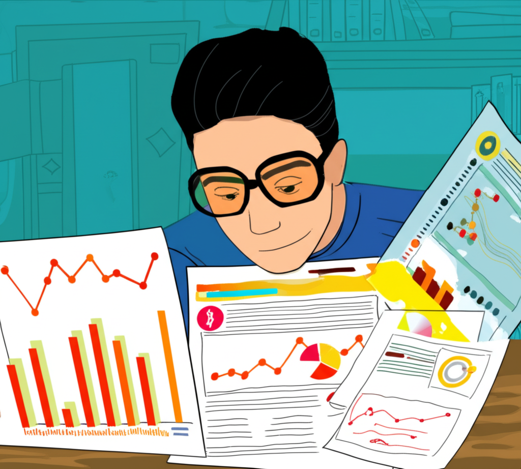 ภาพประกอบนักลงทุนกำลังศึกษาหลักฐานและกราฟคริปโตอย่างระมัดระวัง หลีกเลี่ยงข่าวลือและกระแสตลาด