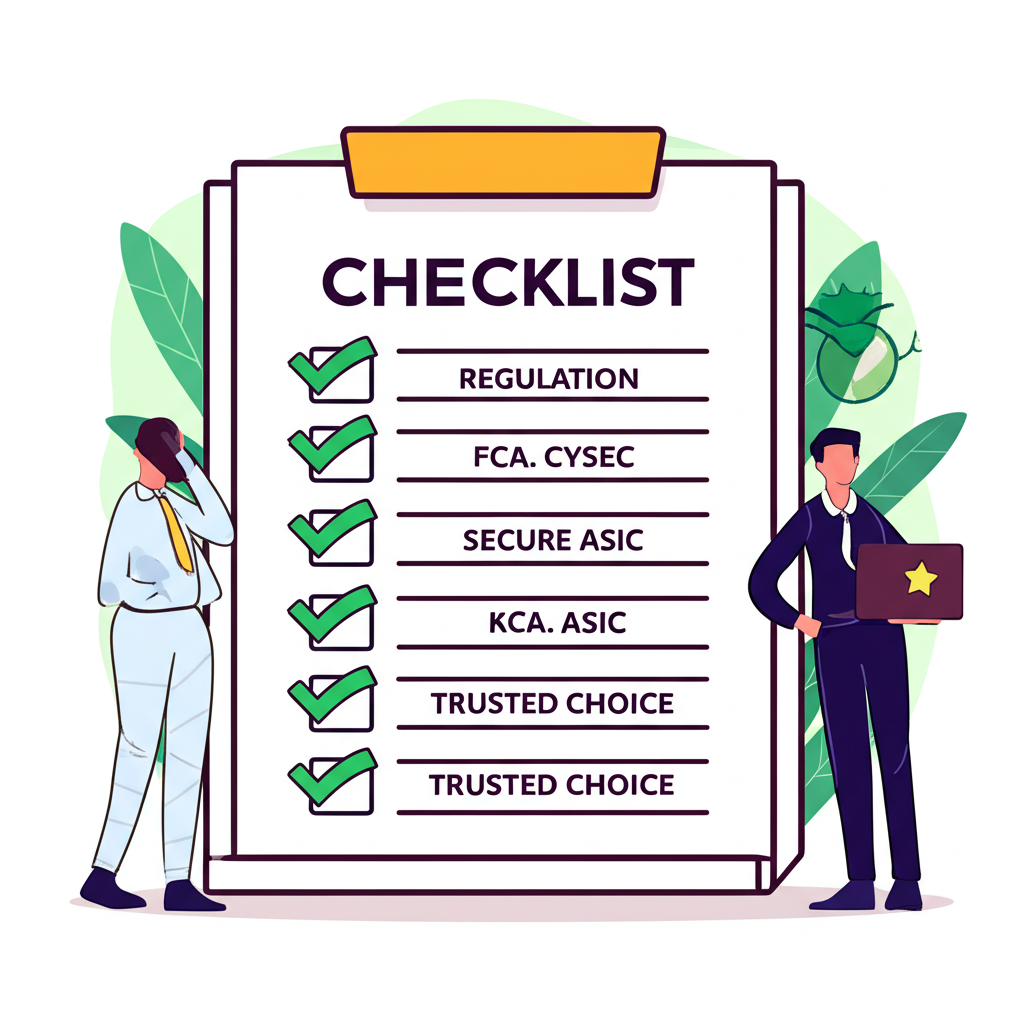 Illustration of person comparing forex brokers with checklist, regulation symbols, and secure icons for trusted choice