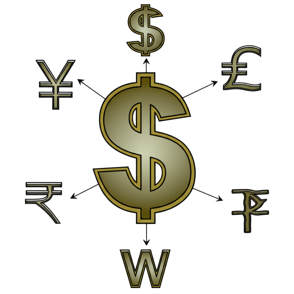 ภาพประกอบสัญลักษณ์ดอลล่าร์ขนาดใหญ่พร้อมลูกศรบ่งบอกความแข็งแกร่ง ล้อมรอบด้วยสัญลักษณ์สกุลเงินหกแห่ง