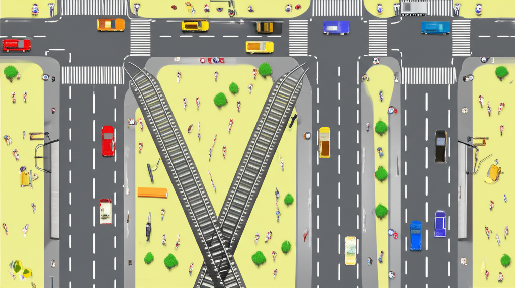 Everyday applications of intersecting lines such as a city crossroads railway tracks and building structures illustration