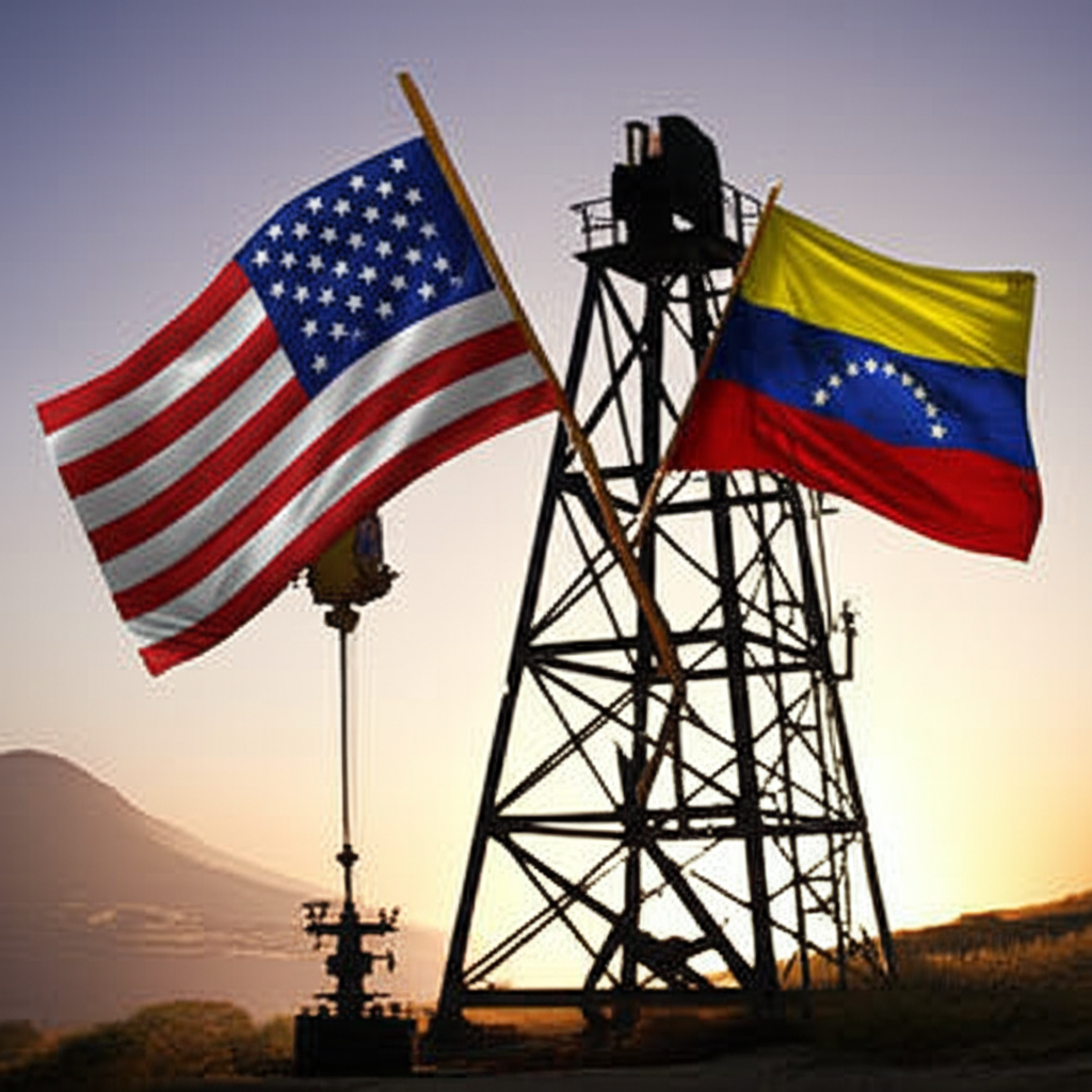 委內瑞拉早期石油開採與美委經濟夥伴關係的象徵插圖