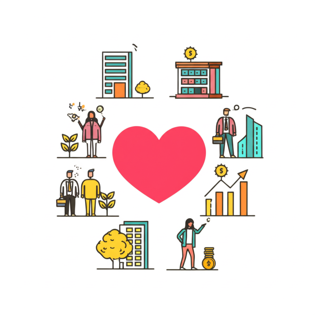 ภาพประกอบตลาดทุนที่คึกคักพร้อมสัญลักษณ์หัวใจแทนตลาดแรก ล้อมรอบด้วยธุรกิจที่กำลังเติบโตและนักลงทุน