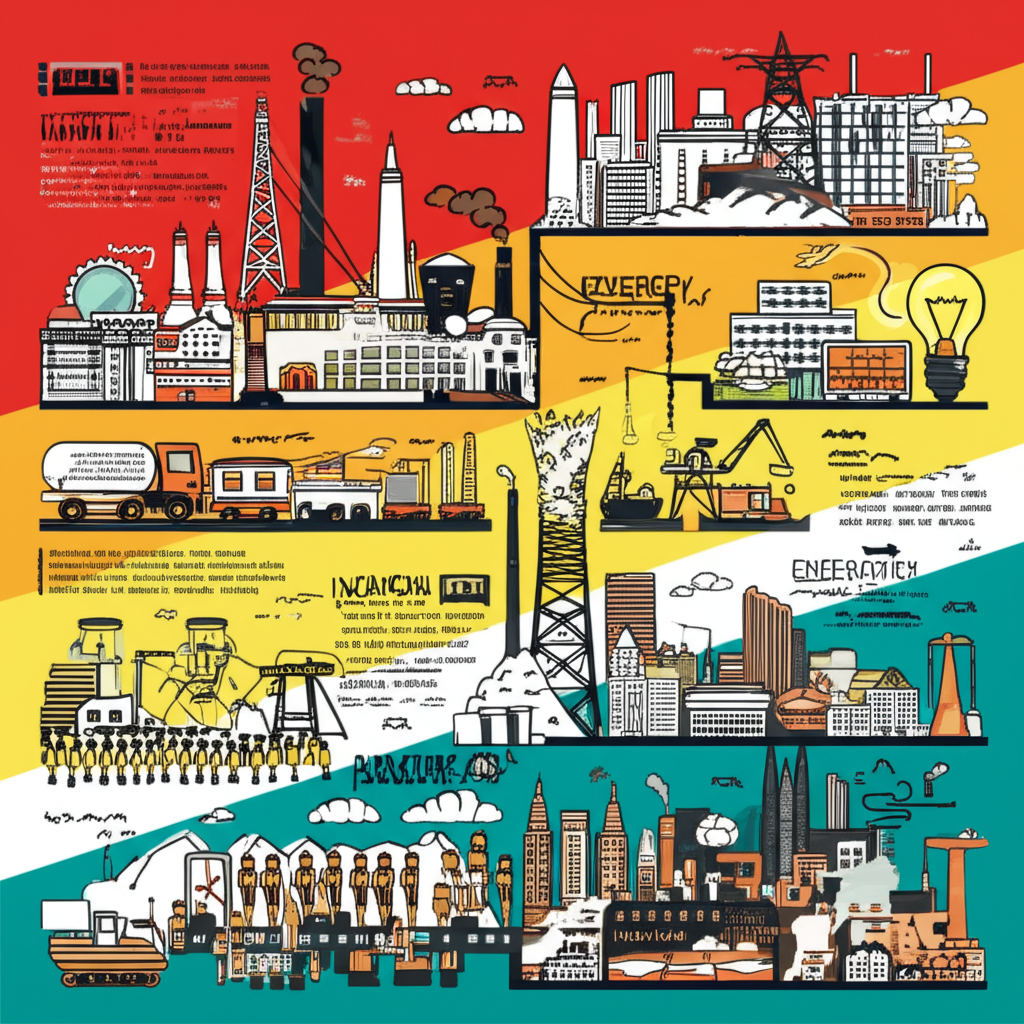 South Africa as a vibrant rainbow nation with diverse industries and natural resources alongside symbols of economic challenges like high unemployment, energy crisis, and inequality